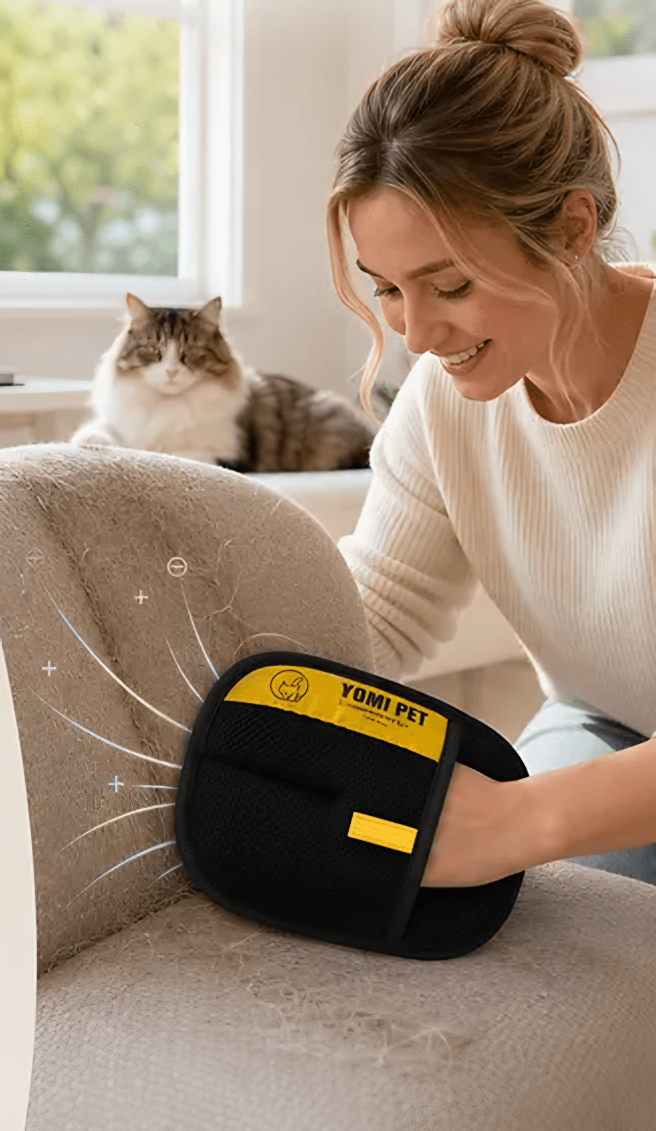 Woman wiping an armchair with the glove while her cat watches