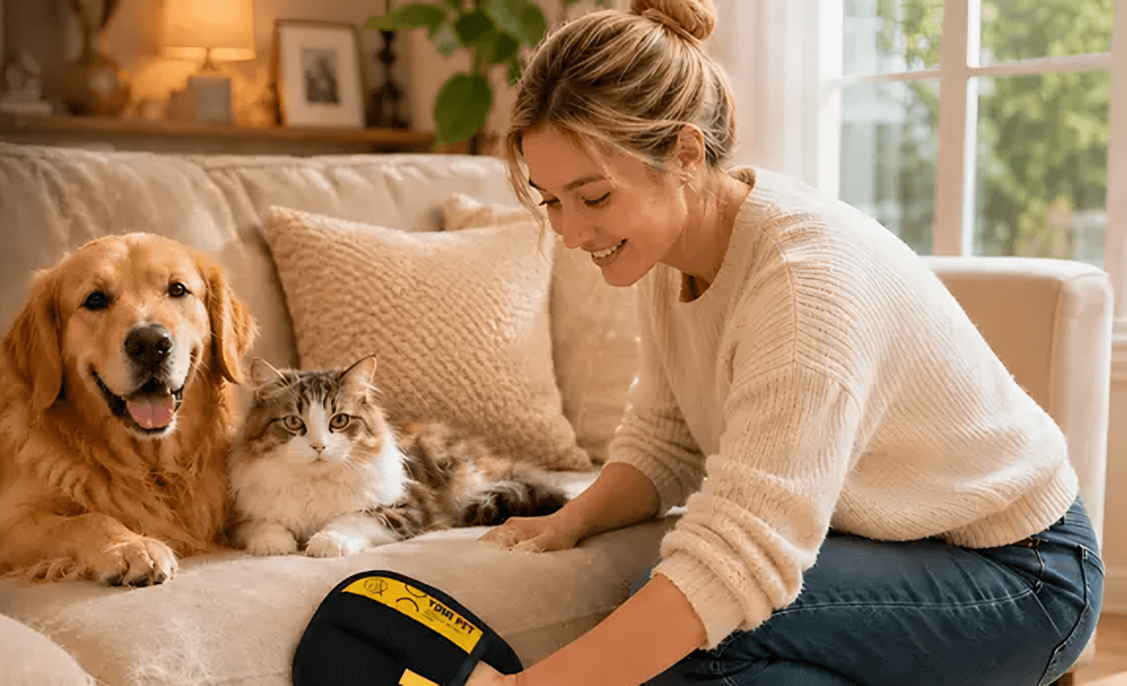 Cleaning the sofa next to a golden retriever and a cat