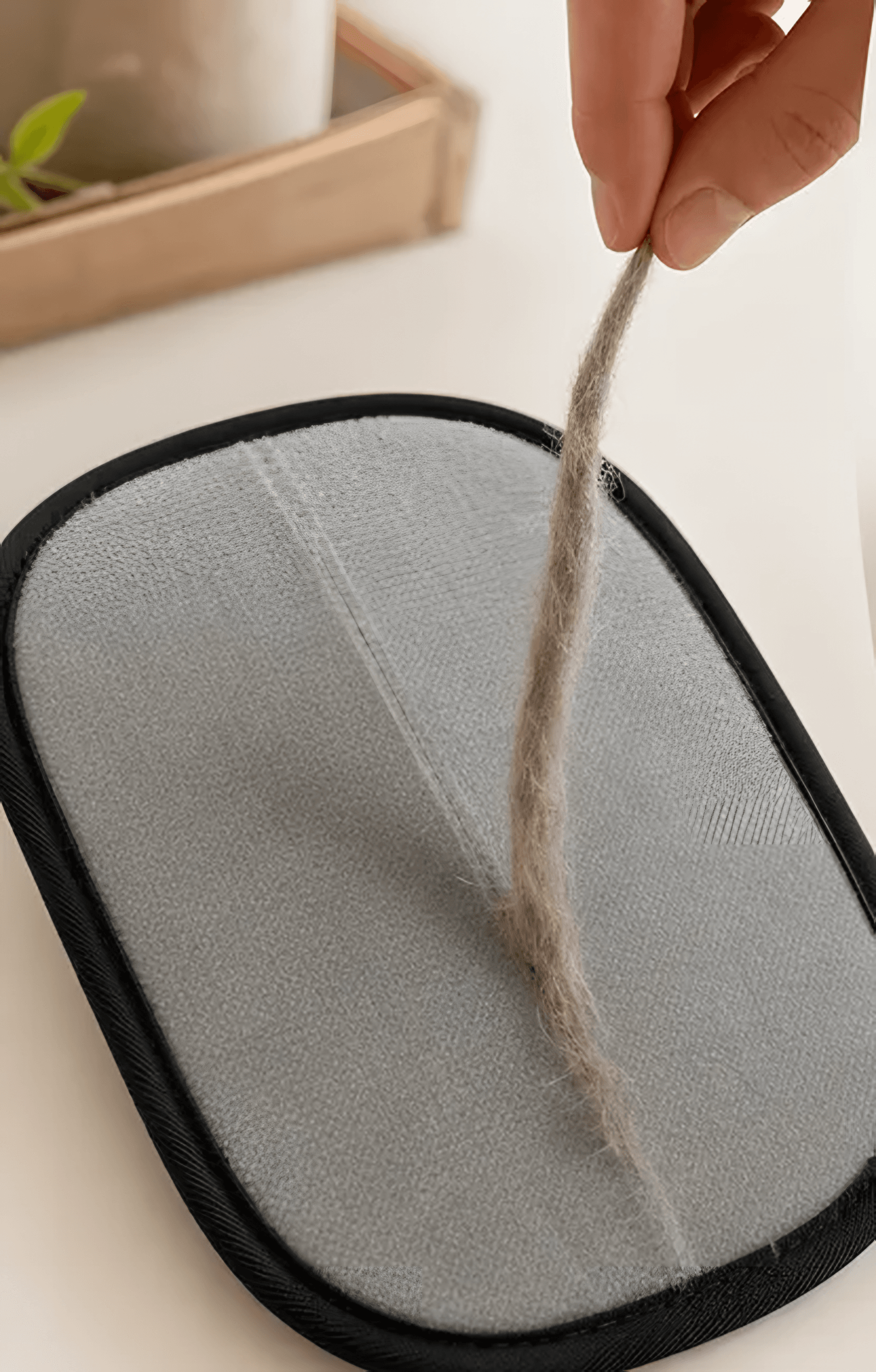 Peeling a strip of collected pet hair off the glove
