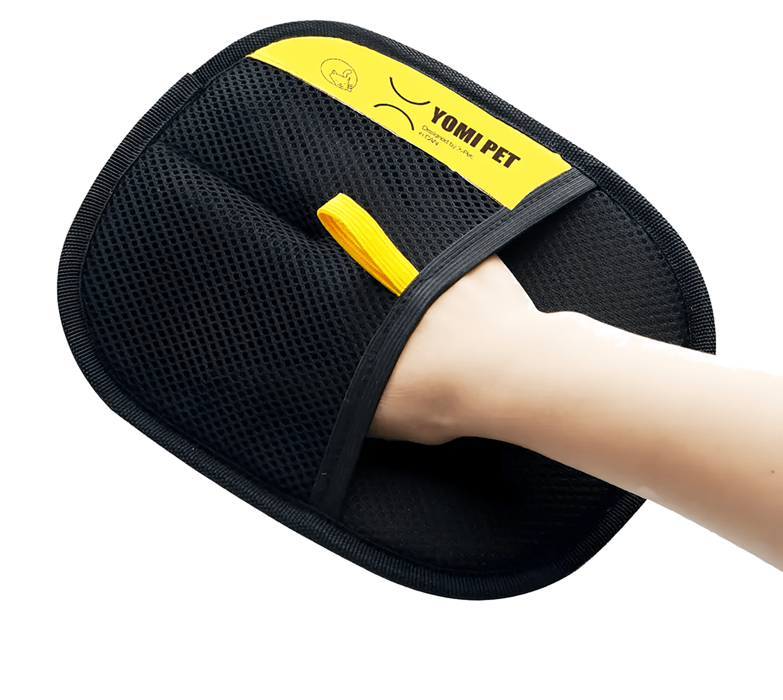 The YOMI PET hair cleaning glove worn on a hand