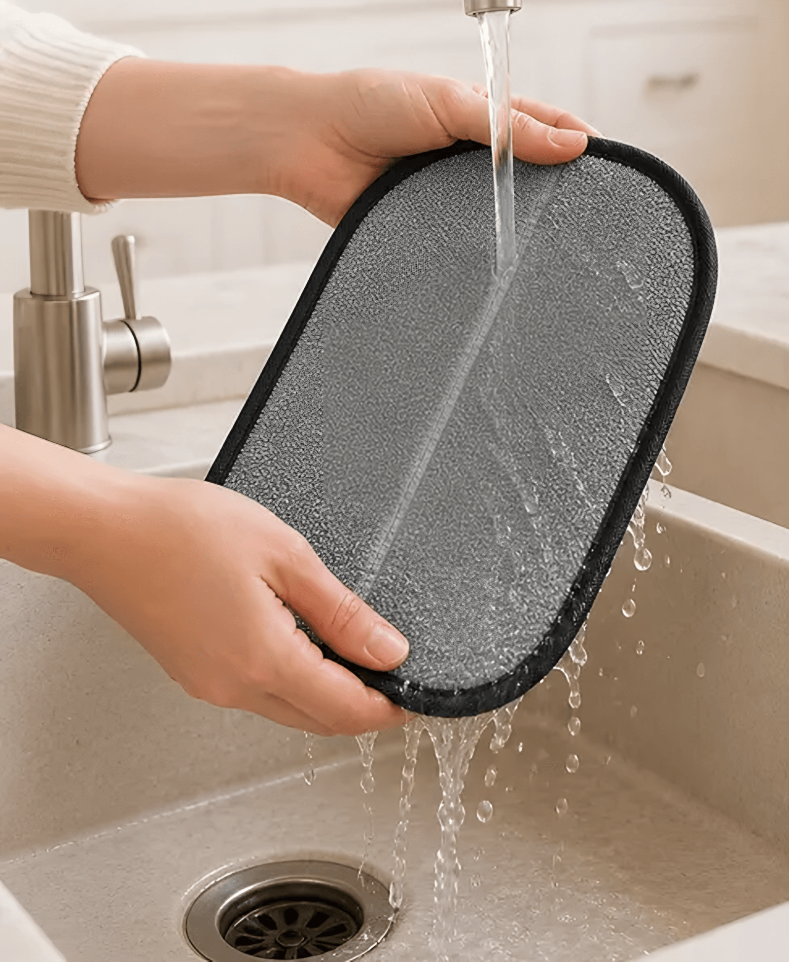 Rinsing the glove under a kitchen faucet